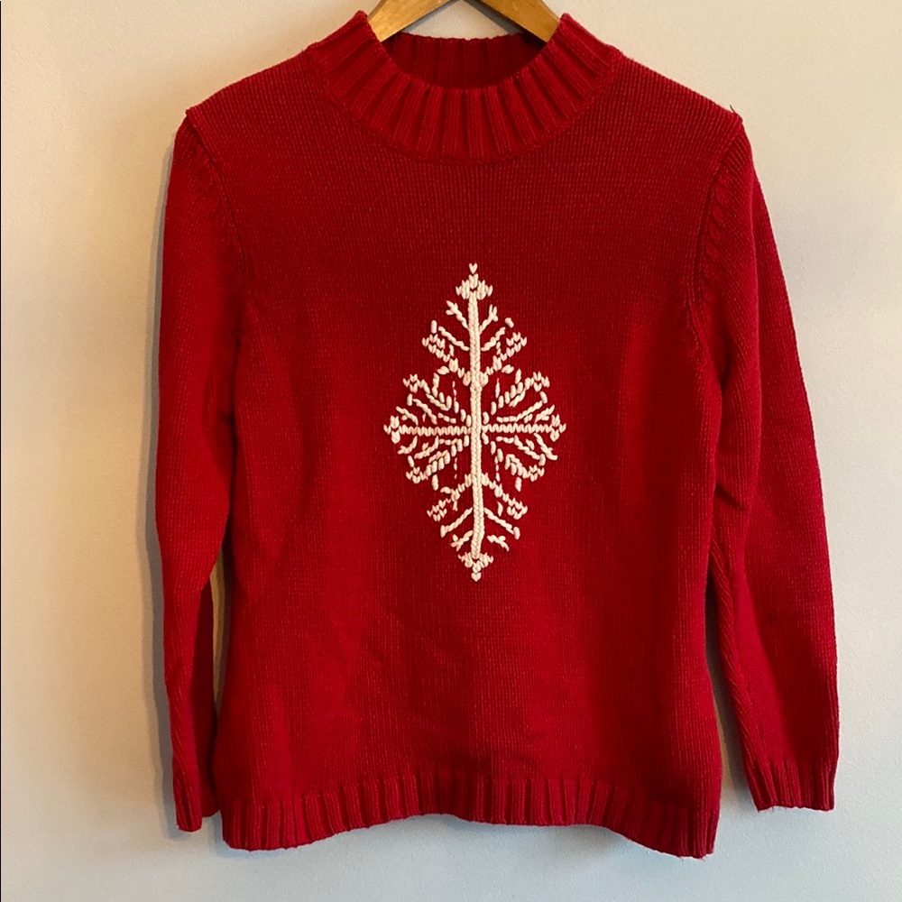 Lindor Petite Red Crew Neck Sweater Snowflake Design